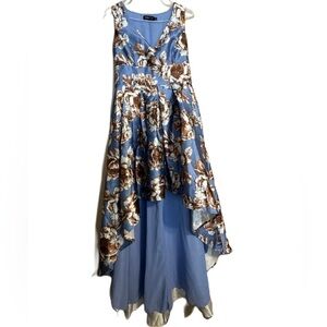 AlisaStyle L blue high low elegant floral dress with cream flowers.